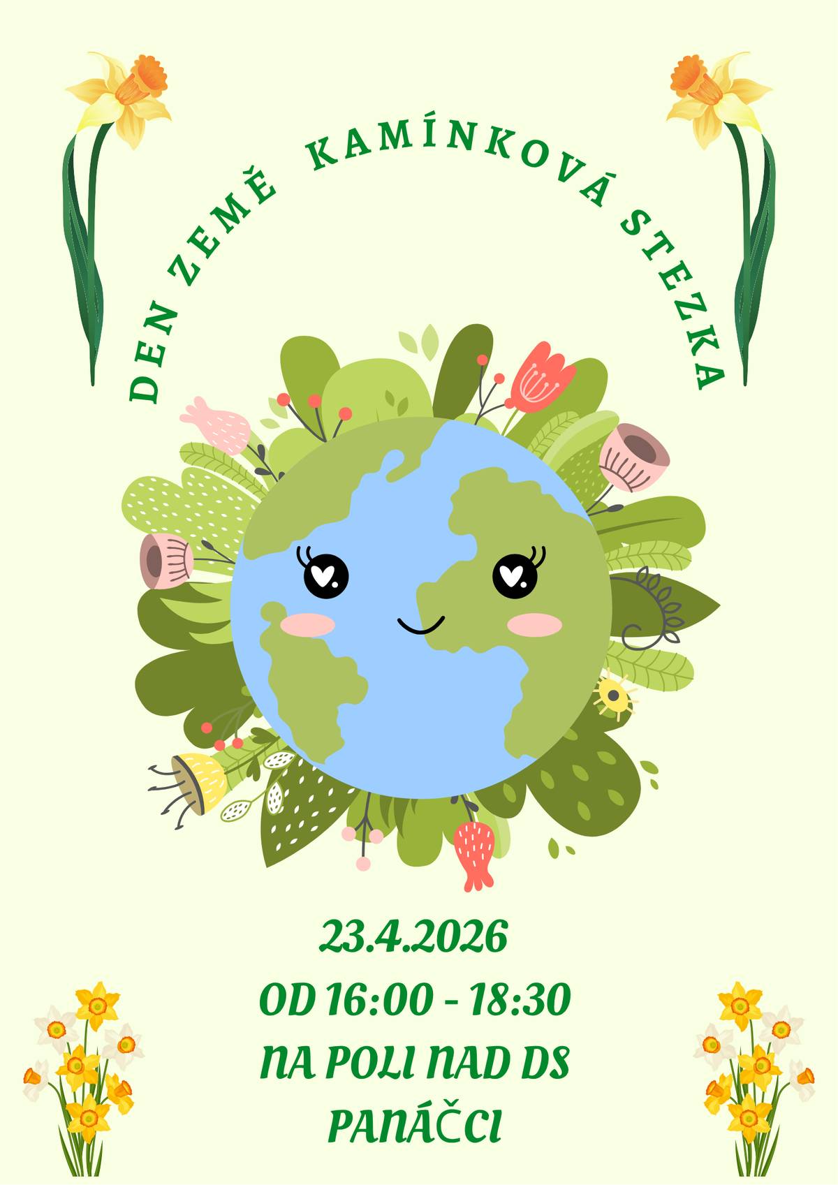Den Země - kamínková cesta kdy: 23. 4. 2026 Od: 16:00 - 18:30 Kde: na poli nad DS Panáčci      Čeká na Vás zábavná kamínková cesta, plná úkolů a zastavení, tvoření inspirované Dnem Země a také kamínkové hry pro děti.     Přijďte si s námi užít odpoledne plné tvoření, pohybu a radosti v přírodě. Těšíme se na Vás.     Lucie Samiová  Koordinátorka Ds Panáčci