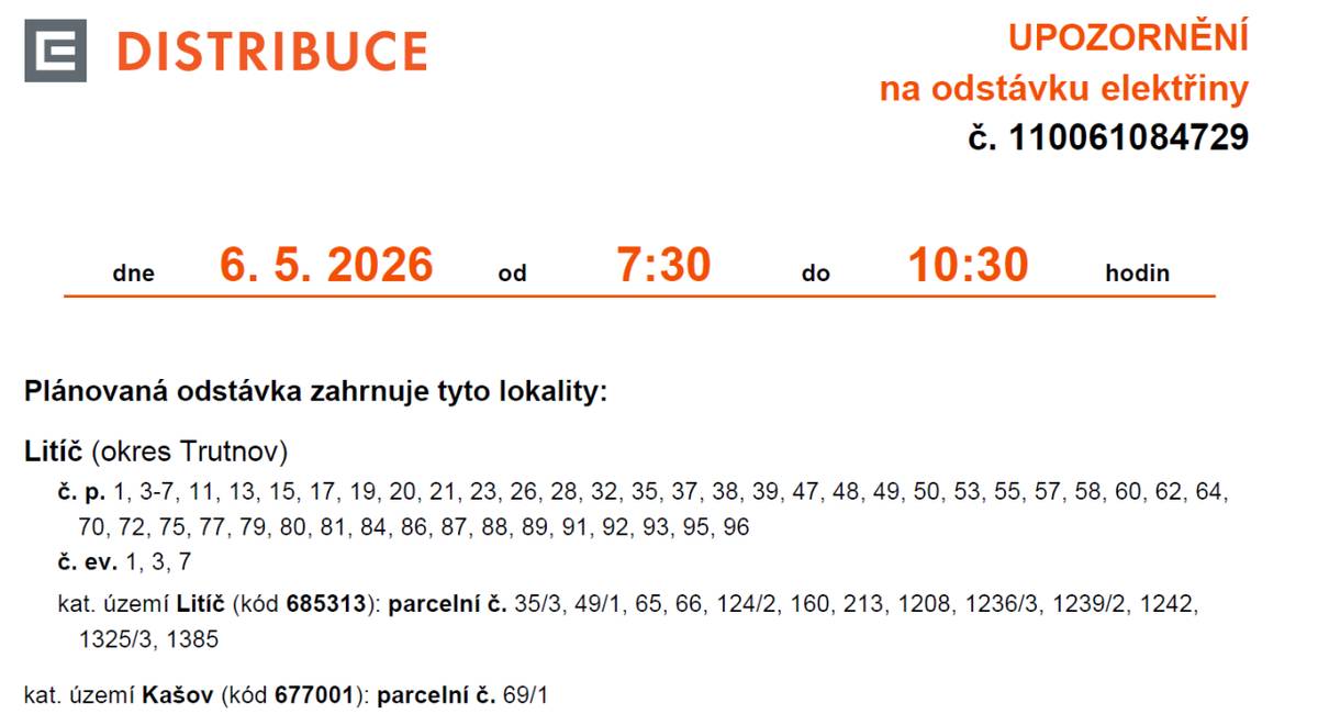 Dne 6. 5. 2026 od 7:30 do 10:30 hodin plánovaná odstávka zahrnuje lokality Litíč (okres Trutnov) uvedené v příloze.