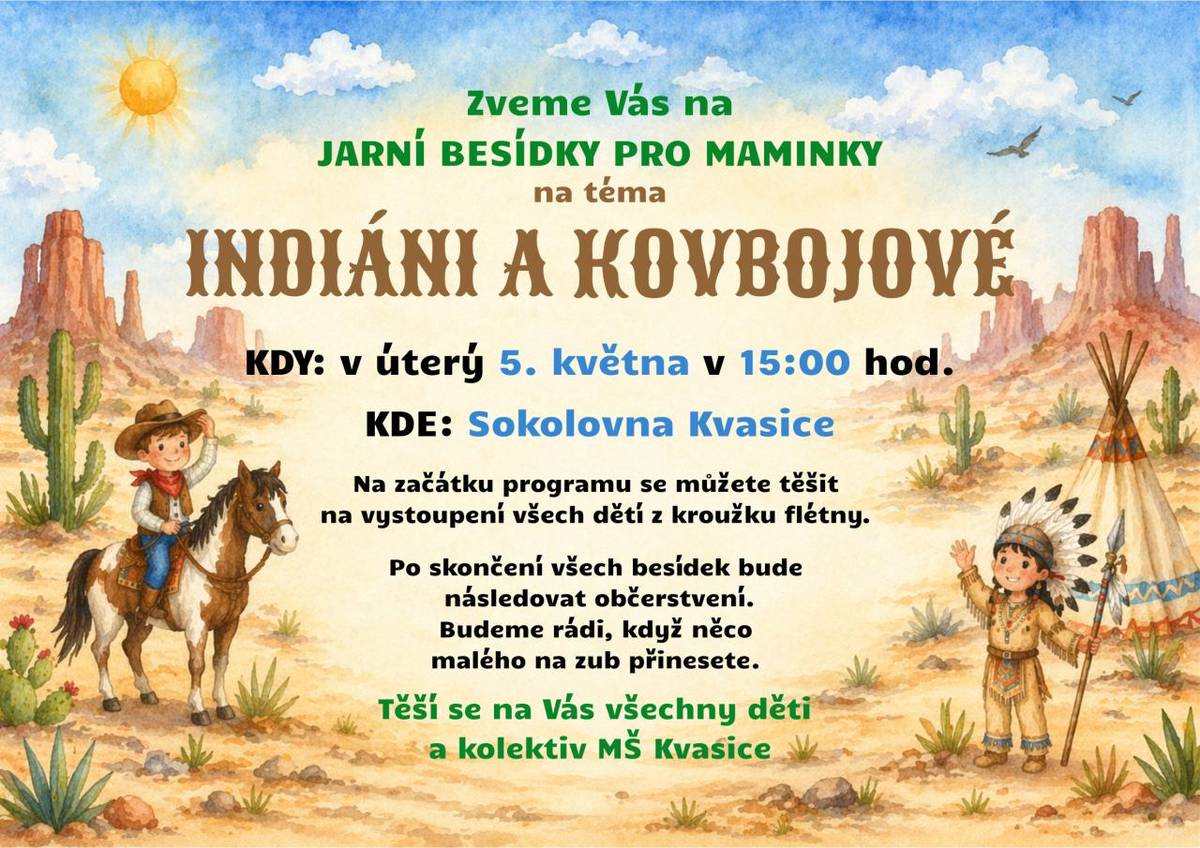 Mateřská škola Kvasice zve na jarní besídky pro maminky, které se uskuteční v úterý, 5.5. od 15:00  na Sokolovně v Kvasicích.