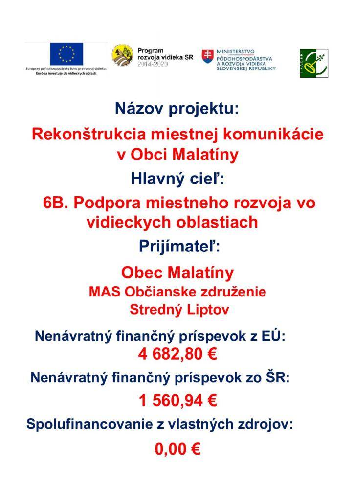 Rekonštrukcia miestnej komunikácie v Obci Malatíny – spolufinancované z prostriedkov EPFRV 2014-2022