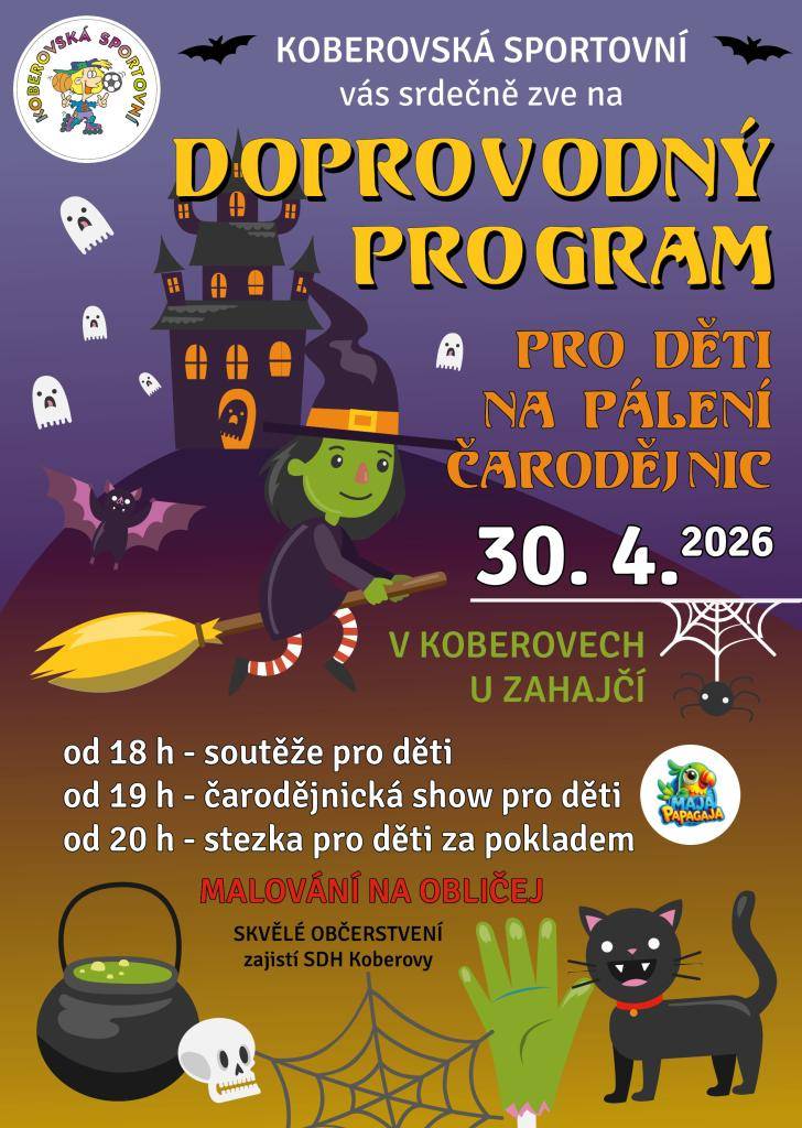 Srdečně vás zveme na čarodějnický program, který se koná 30. dubna 2026 v Koberovech. Program začíná v 18 hodin soutěžemi pro mladé účastníky, poté následuje čarodějnická show od 19 hodin. Na závěr akce se děti mohou těšit na stezku za pokladem, která začne ve 20 hodin. Celou akci doplní malování na