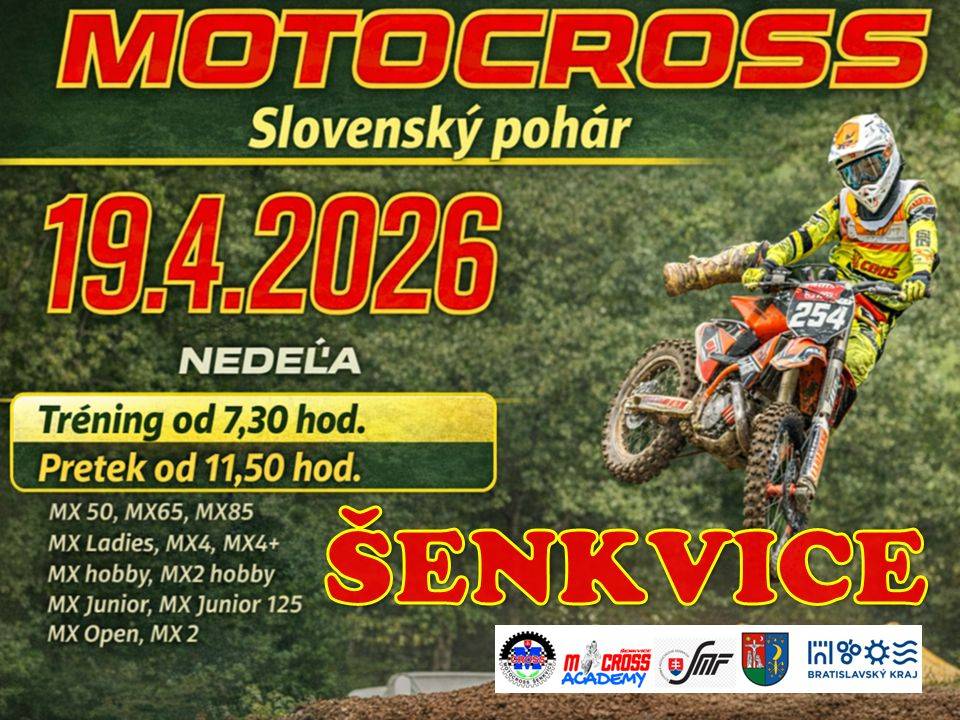 M-cross Šenkvice pozýva na športové podujatie Slovenský pohár MX 2026 Šenkvice v motokrose v nedeľu 19. 4. 2026.