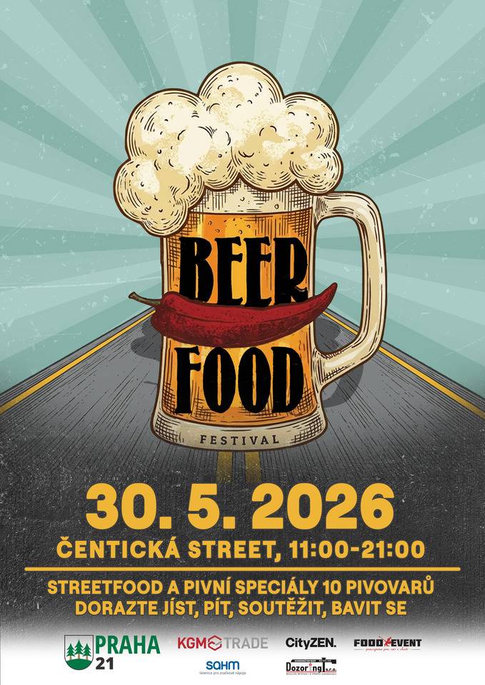 BEERFOOD 2026 – 5. ročník v Újezdu nad Lesy Městská část Praha 21 srdečně zve všechny milovníky dobrého jídla a kvalitního piva na 5. ročník festivalu BEERFOOD, který se uskuteční v sobotu 30. května 2026 na ul. Čentická (u Multifunkčního hřiště) v Újezdě nad Lesy. Během celého dne se můžete těšit na pestrou nabídku craftových piv z minipivovarů, široký výběr street food specialit a bohatý doprovodný program pro dospělé i děti. Festival tradičně nabídne příjemnou atmosféru, setkávání sousedů i zábavu pro celou rodinu. Co vás čeká?  Craftová piva z minipivovarů  Na místě budete mít možnost ochutnat piva z menších regionálních i vzdálenějších pivovarů. Čepovat se bude výhradně do degustačních sklenic o objemu 0,3 l, které bude možné zakoupit na místě za cenu 100 Kč.  Street food z celého světa  Festival nabídne rozmanité speciality světové kuchyně, oblíbené street food pokrmy i tradiční jídla vhodná k pivu. Konkrétní seznam stánků budeme postupně zveřejňovat na naší Facebookové události - https://fb.me/e/4ftt5GH1y  Doprovodný program  Barber & Tattoo Živá hudba Tradiční soutěže Skákací hrad Malování na obličej a tetování pro děti Stánek pro dobrou věc: Registr dárců kostní dřeně     Hudební host: Funkasin Street Band  Letos se můžete těšit na energické vystoupení Funkasin Street Band, jedné z nejzábavnějších italských pouličních kapel. Kapela vznikla v roce 2012 v San Donà di Piave (Benátsko) s jediným cílem – přinést do ulic svěží hudbu, nakažlivou energii a skvělou náladu. A přesně to přiveze i do Újezda nad Lesy! Od svého založení má Funkasin Street Band za sebou stovky vystoupení po celé Itálii i v zahraničí. Objevili se na významných akcích, jako jsou Benátský karneval, Garonne Music Festival ve Francii, Home Festival v Trevisu, Friuli DOC, vystupovali také v Anglii, na Stadio Olimpico nebo v milánské Galleria Vittorio Emanuele. Jejich show je vždy kombinací skvělé hudby, humoru, pohybu a spontánního kontaktu s publikem. Od roku 2014 navíc zastřešují umělecké vedení San Donà Street Music Festivalu, jediného festivalu pouličních kapel v severní Itálii. Nenechte si je ujít – jejich vystoupení patří na každé akci mezi vrcholy programu! Program festivalu 11:00 – Zahájení akce 14:00 – Soutěž pro návštěvníky 15:00 – Vystoupení Funkasin Street Band 15:30 – Soutěž pro návštěvníky 16:30 – Vystoupení Funkasin Street Band 17:00 – Soutěž pro návštěvníky 18:30 – Vystoupení Funkasin Street Band 19:00 – Vyhodnocení soutěže o největšího píče 21:00 – Ukončení akce Změna programu vyhrazena. Poděkování partnerům Podporu poskytly společnosti KGM TRADE s.r.o., Dozoring s.r.o., CITYZEN LIVING s.r.o. a Sahm s.r.o. Jejich příspěvek pomáhá zkvalitňovat služby a organizaci festivalu, aby si ho návštěvníci mohli užít ještě více. Akci pořádá MČ Praha 21 ve spolupráci se společností Food Event, s.r.o.