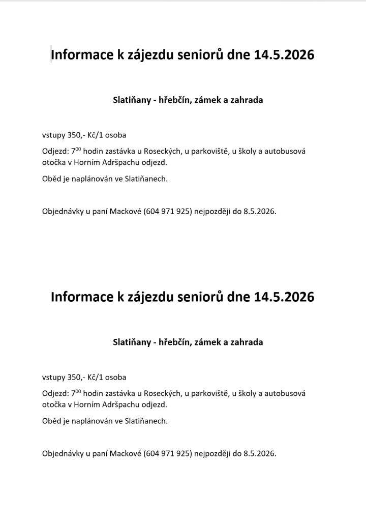 Zájezd seniorů dne 14.5.2026 - Slatiňany - hřebčín, zámek a zahrada