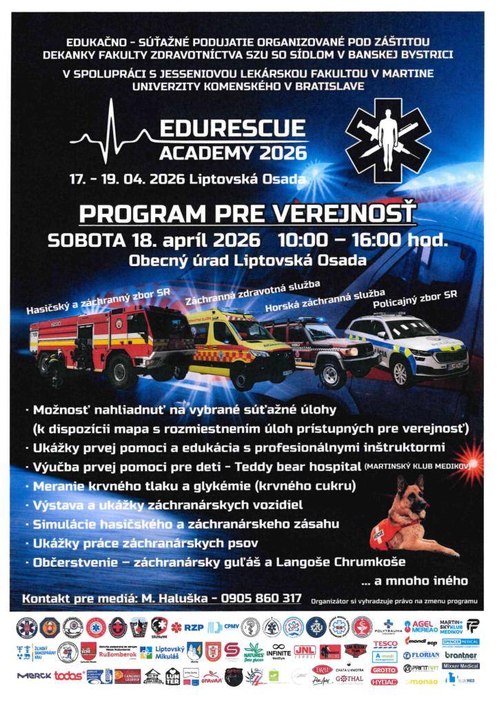Program pre verejnosť:   Kedy : 18.4.2026 od 10.00 - 16.00hod.  Kde : Obecný úrad Liptovská Osada  Ukážka prvej pomoci, meranie krvného tlaku a glykémie, výstava a ukážky záchranárskych vozidiel...