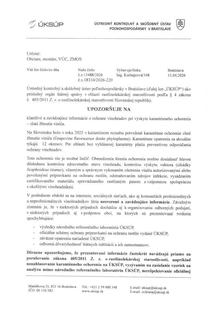 Upozornenie na klamlivé a zavádzajúce informácie o ochrane vinohradov pri výskyte karanténneho ochorenia – zlaté žltnutie viniča