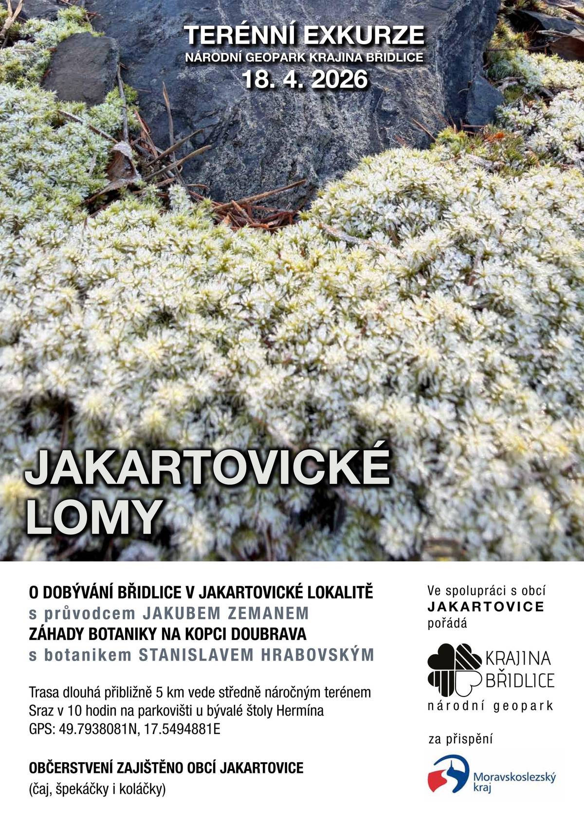 Milí břidličáři, vážení geologové, horníci, vlastivědci a přátelé Krajiny břidlice, přijměte naše srdečné pozvání na sobotní terénní exkurzi, kterou vypravujeme tentokrát v úžasné břidlicové lokalitě Jakartovické lomy. Dozvíte se zajímavé informace o historii těžby břidlic a také botanické okénko nebude chybět. Vycházíme tuto sobotu 18.4. v 10 hodin od bývalé štoly Hermína (GPS 49.9166308N, 17.6671256E). Trasa vede středně náročným terénem a dlouhá je cca 5 km. Těšíme se na vás! Vaši břidličáři.