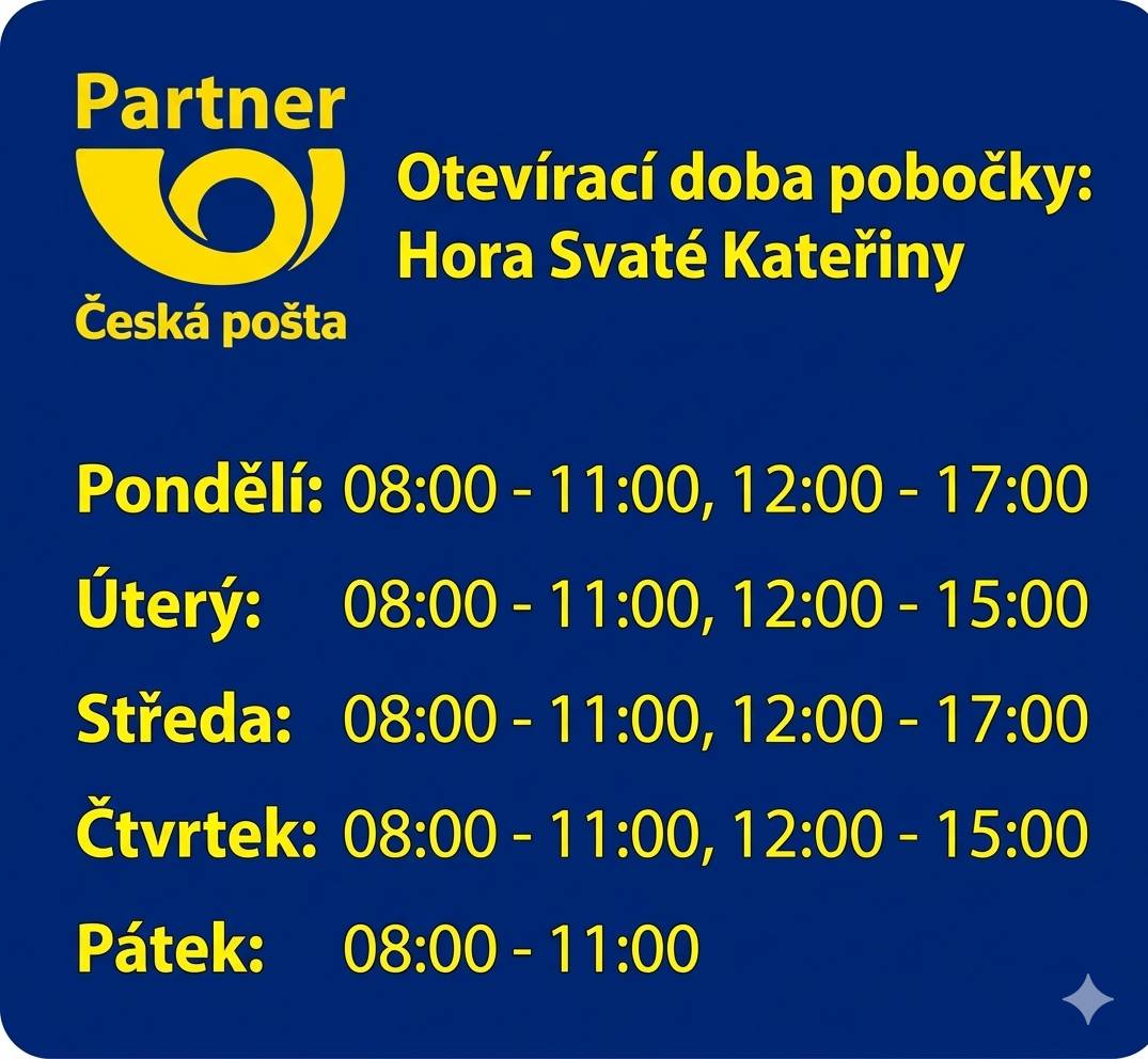 Od 1.4. u nás na městském úřadě funguje pobočka Pošty Partner. Zatím nabízí kromě služeb České pošty a Balíkovny služby pokladna - podatelna (příjem hotovosti, platby kartou) : místní poplatky, pronájem pozemku, vyúčtování energií, nájem, propagační materiál. Dále nabízí služby Allwyn: Sportka, Eurojackpot, placení složenek, losy, dobíjení kreditu.