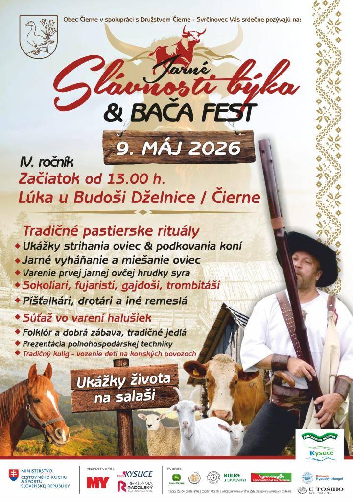 Vážení občania, srdečne Vás pozývame na Jarné slávnosti býka & Bača fest, ktoré sa uskutočnia dňa 9. mája 2026 (Lúka u Budoši – Ďželnice – Čierne).