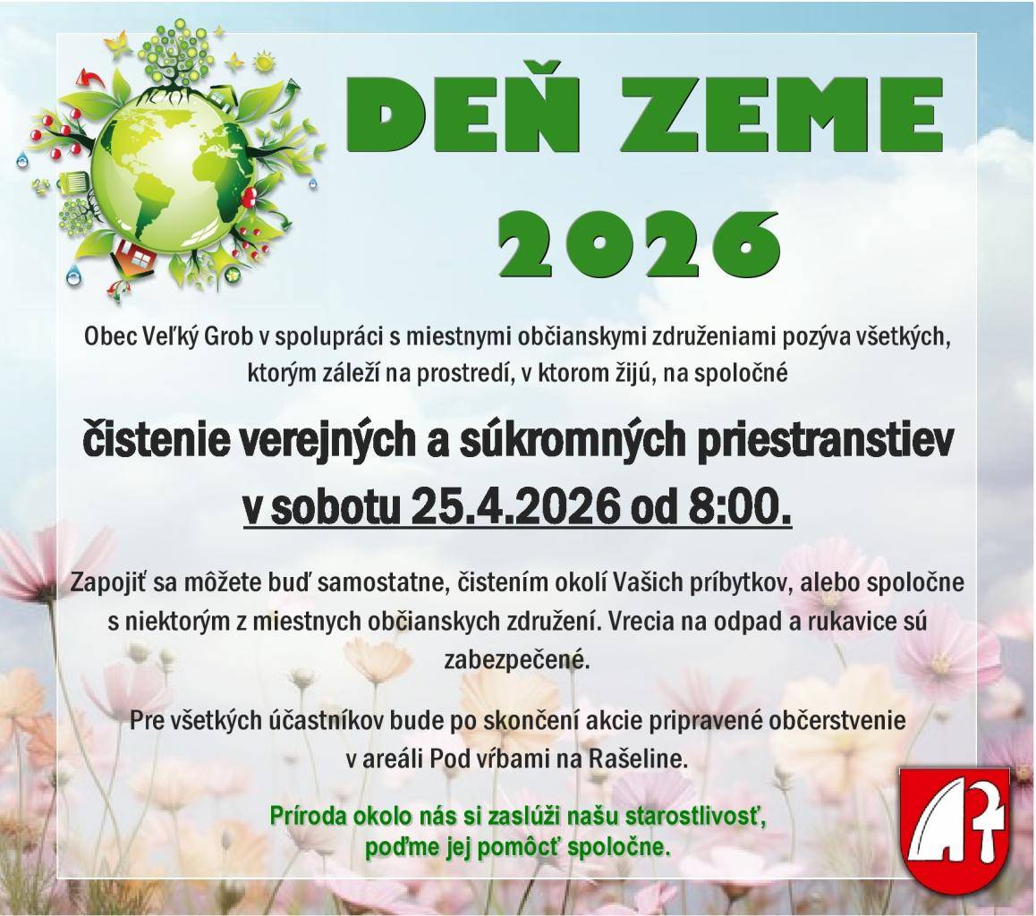 Aj tento rok Vás opäť pozývame stať sa súčasťou Dňa Zeme, či už individuálnou činnosťou, alebo spoločne na skupinovej brigáde, ktorá sa bude konať v sobotu 25.4.2026 od 8:00. Dobrovoľníci sa môžu hlásiť u členov miestnych občianskych združení, vítaný je každý, kto chce pridať ruku k dielu.