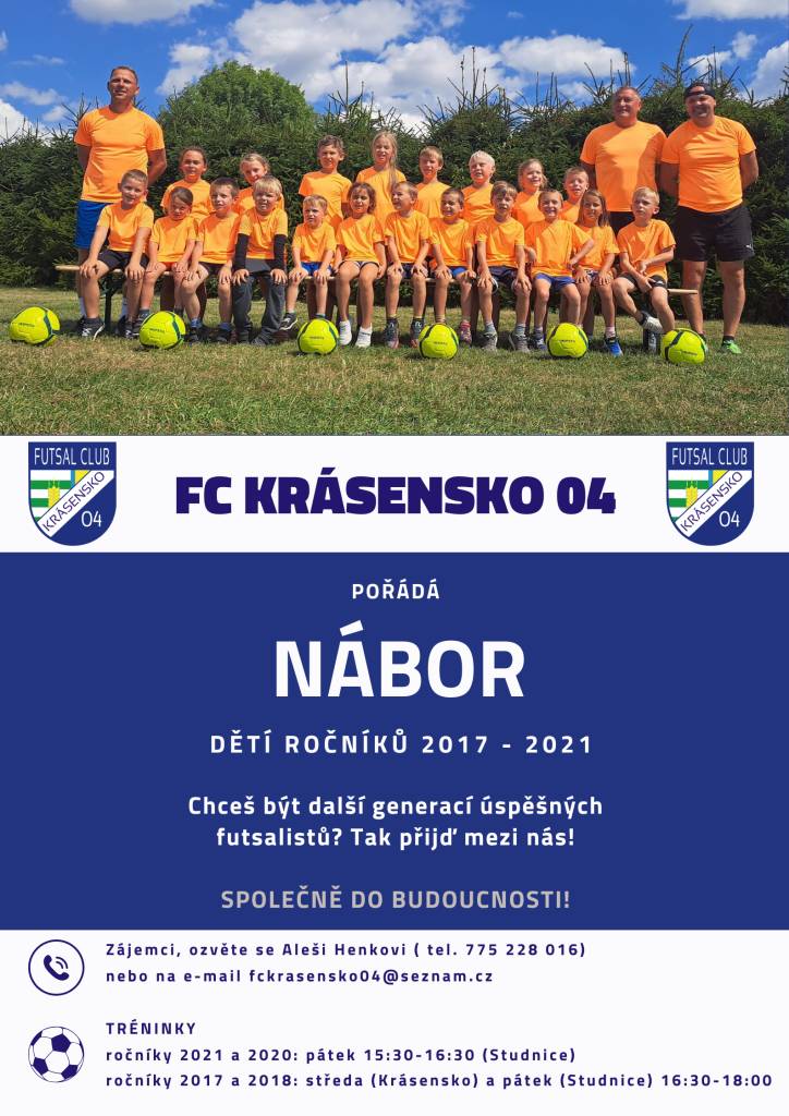 FC Krásensko 04 pořádá nábor dětí ročníků 2017–2021. Přihlásit se mohou všichni zájemci o sport a pohyb.