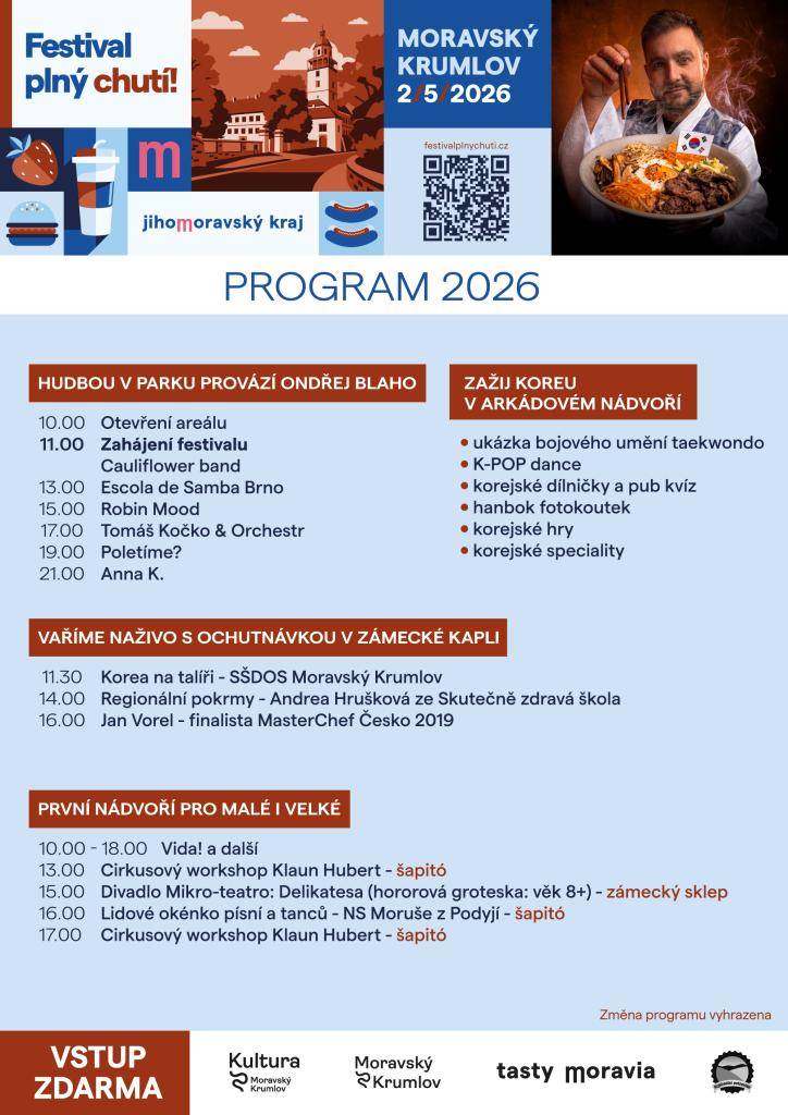 Dne 2. května 2026 se v Moravském Krumlově uskuteční Festival plný chuti. Tento kulturní svátek nabídne návštěvníkům bohatý program, včetně hudebních vystoupení, workshopů a ochutnávek regionálních pokrmů. Vstup na akci je zdarma a těšit se můžete na pestrou paletu zážitků.