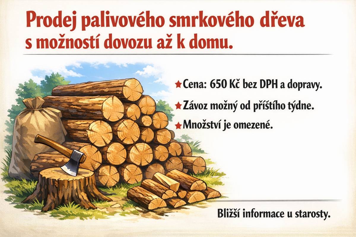 Obec Mišovice nabízí k prodeji palivové - smrkové dřevo s možností dovozu až do domu. Cena 650,- Kč bez DPH a bez dopravy. Závoz možný od příštího týdne. Omezené množství, více informací u starosty.
