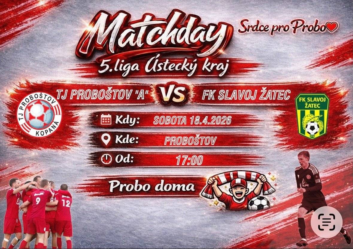 A tým TJ Proboštov zve na domácí zápas 22. kola 5. ligy proti Slavoji Žatec. Výkop utkání je v sobotu 18.4. v 17.00. Přijďte nás podpořit!