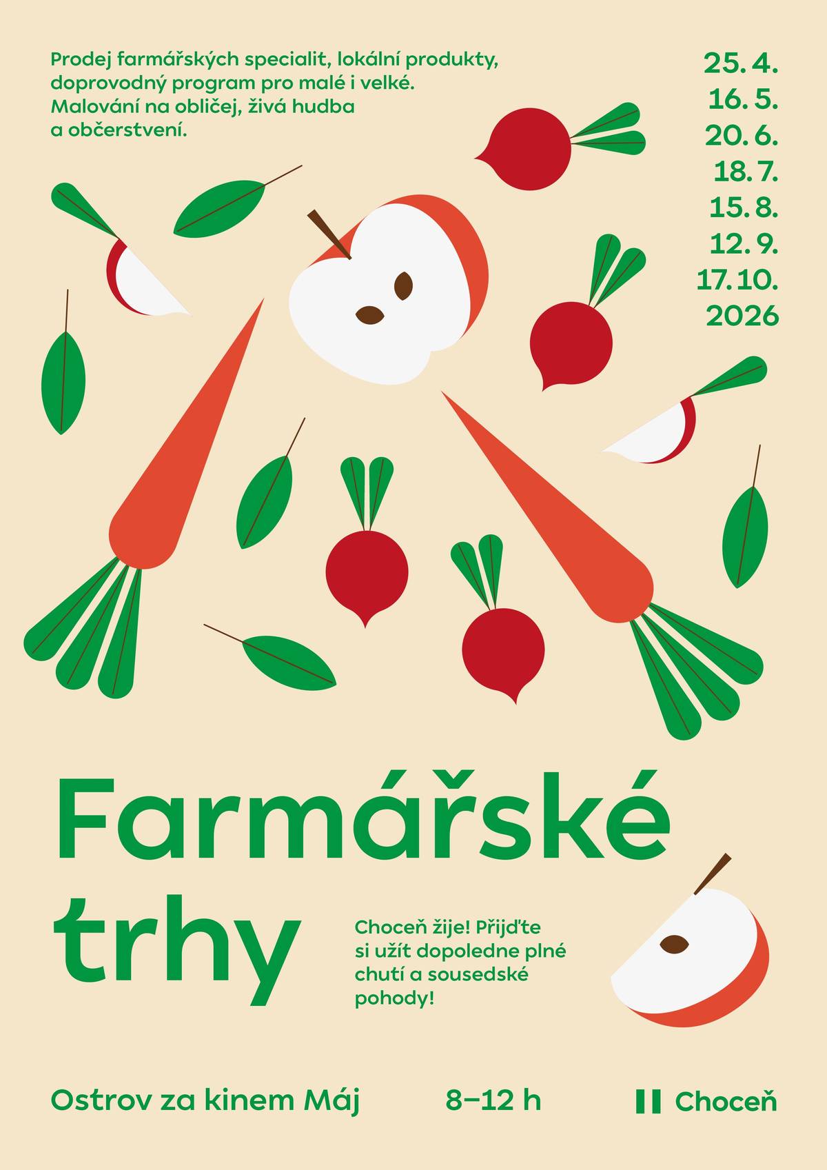 🌿 Farmářské trhy nově na Ostrově v Chocni! Přijďte si užít příjemné dopoledne plné chutí a vůní 🌞 🧀 Na co se můžete těšit: mléčné výrobky, maso a uzeniny, čerstvá zelenina, med, kváskový chléb, květiny, přírodní výrobky i textil 🎶 Doprovodný program: živá hudba a malování na obličej pro děti ☕ Nebude chybět ani občerstvení: káva, dezerty, bramboráky, pivo a zmrzlina Antton 📍 Ostrov u Kina Máj, Choceň 📅 25. 4. 2026 🕗 8:00–12:00 👉 Přijďte podpořit lokální farmáře a užít si pohodové dopoledne!