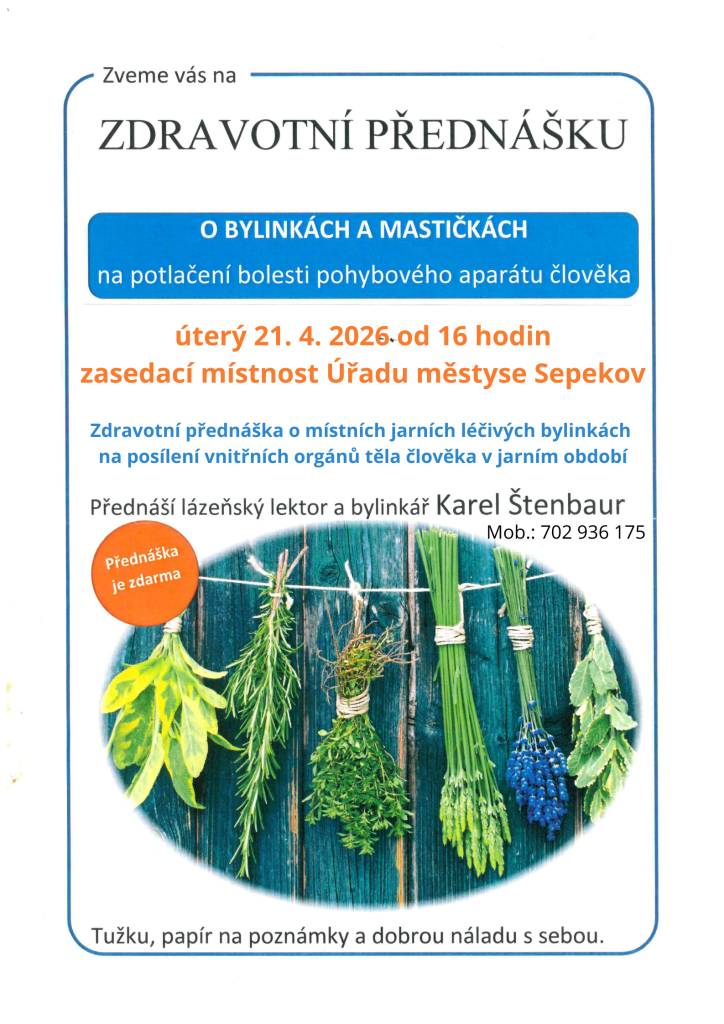 Zdravotní přednáška o místních jarních léčivých bylinkách na posílení vnitřních orgánů těla člověka v jarním období.    Přednáší: Karel Štenbaur