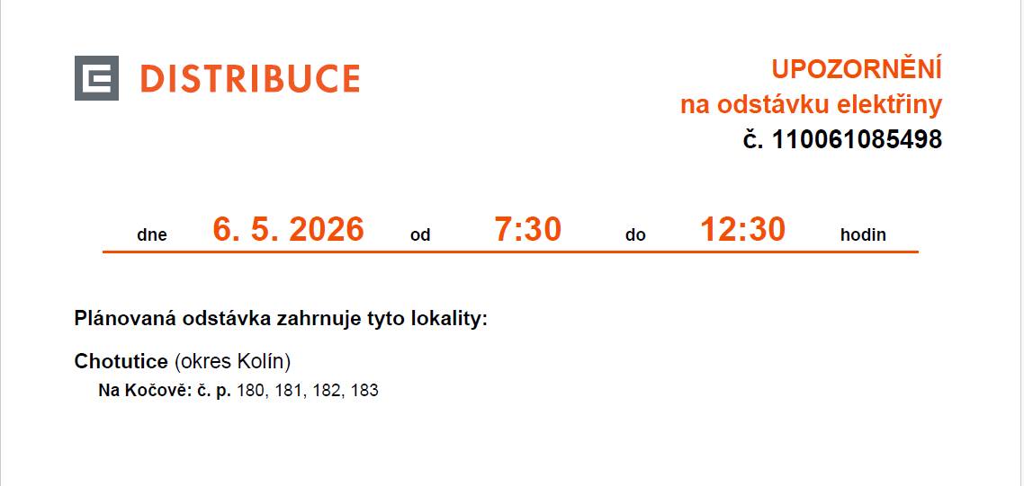 Distribuce ČEZ Vás upozorňuje, že na Vaší adrese dne 6.5.2026 mezi 7:30 - 12:30 hodinou bude probíhat odstávka elektrické energie.