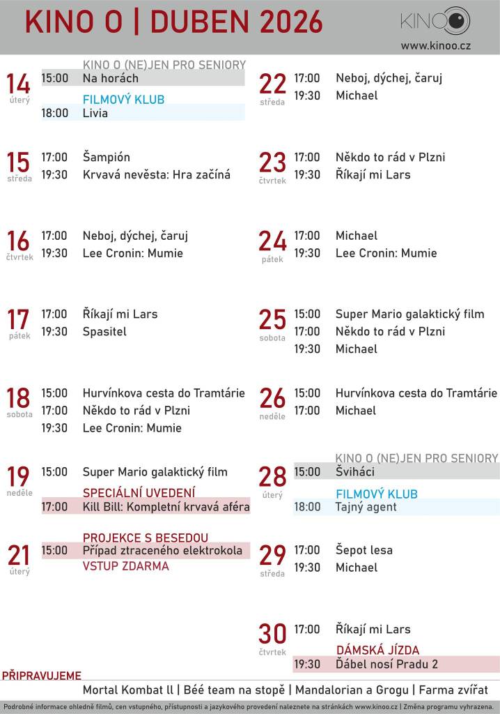 Kino O zve filmové fanoušky na promítání ve druhé polovině dubna. V programu nechybí speciální uvedení projektu Kill Bill: Kompletní krvavá aféra, který spojuje první a druhý díl do jednoho epického celku a přidává několik dosud neviděných scén, včetně unikátní anime sekvence a dvacet let ztracené kapitoly, která se objevuje po...