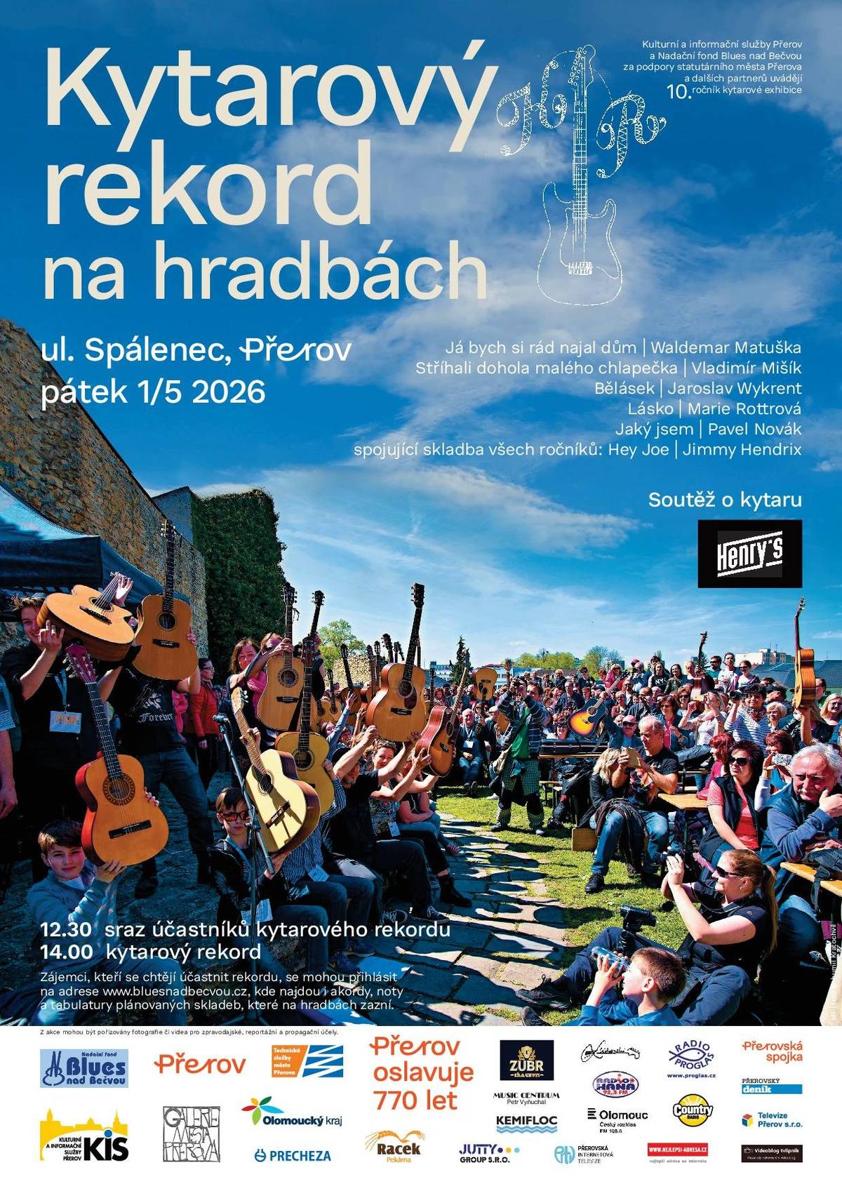 Josef Kainar, Jaroslav Wykrent a Pavel Novák. Trojice výrazných osobností spojených s Přerovem, které letos připomene Kytarový rekord. Jeho účastníci se už podesáté sejdou 1. května od 12.30 na parkánu přerovských hradeb. Smyslem Kytarového rekordu je shromáždit v jediný okamžik na jednom místě co největší počet hudebníků a společně s doprovodnou kapelou zahrát stejné skladby. Do akce se zapojují nejen žáci hudebních škol z Přerova a okolí, ale také široká veřejnost. Aby organizátoři mohli zajistit komfortní zázemí pro všechny účastníky, je vhodné se před akcí zaregistrovat na webu www.bluesnadbecvou.cz. Registrovaní hudebníci navíc budou mít šanci získat hodnotnou cenu. „Stejně jako loni budeme soutěžit o kytaru. Tu nám letos do soutěže věnovalo město Přerov a výherci ji v průběhu Kytarového rekordu předá primátor Petr Vrána,“ prozradil organizátor Pavel Ondrůj.