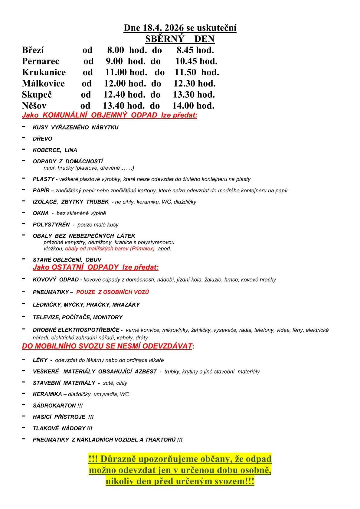 Připomínka občanům že 18.4. 2026 proběhne v našich obcích sběrný den.