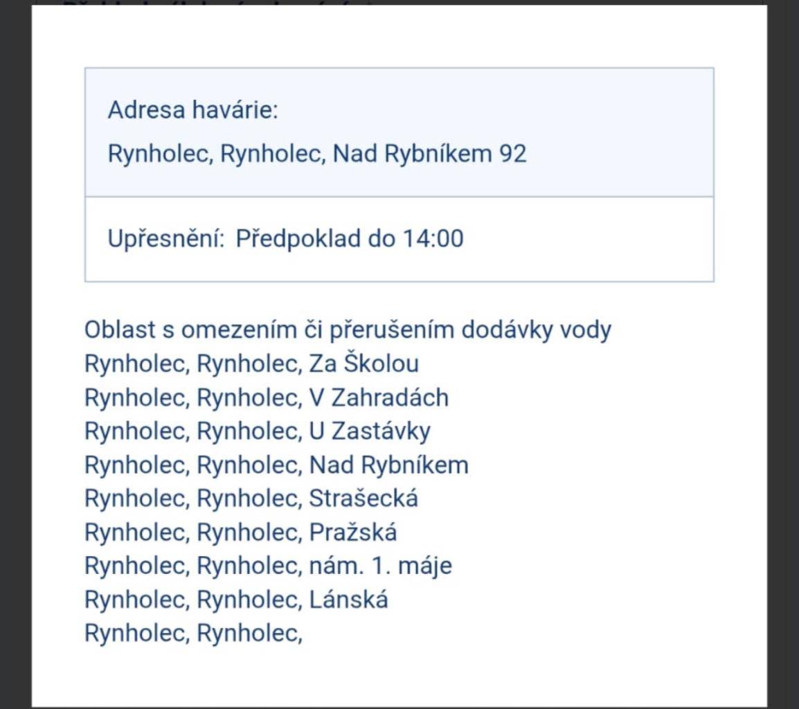 Vážení občané,   část obce postihla havárie vody. Předpoklad obnovení do 14:00.