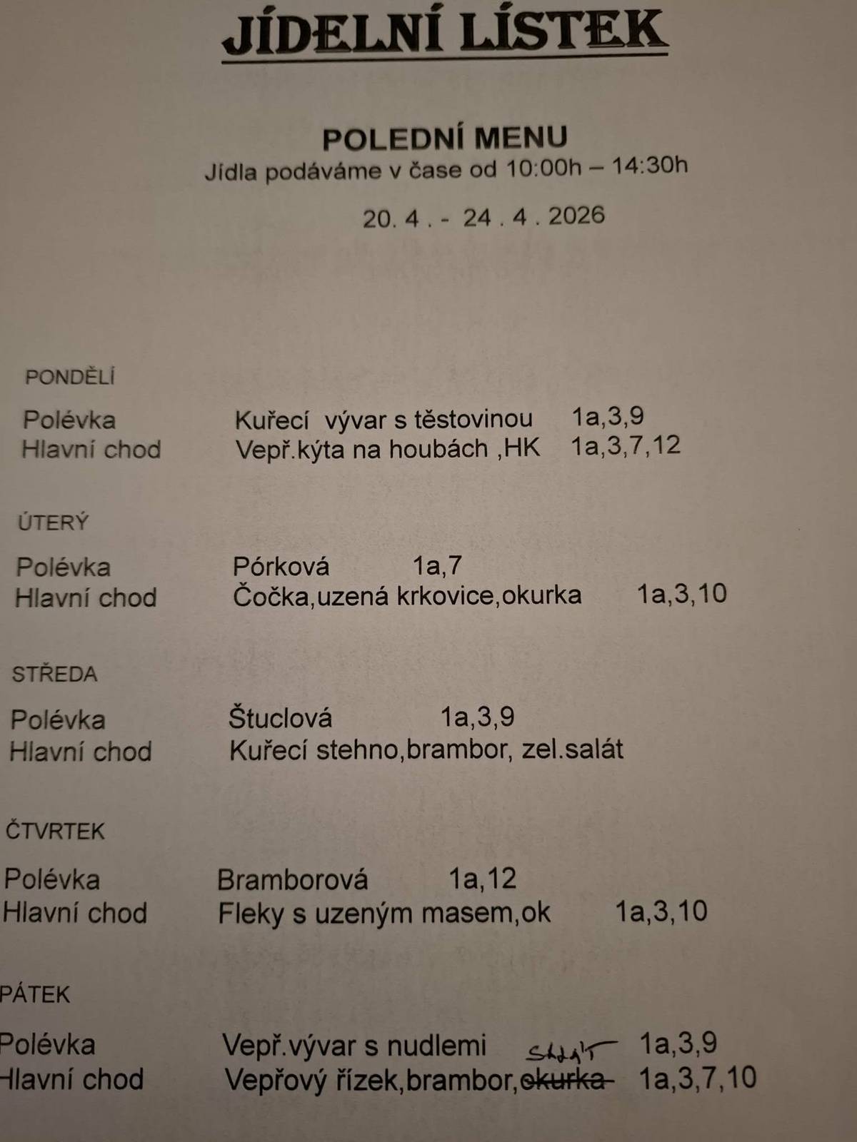 Jídelní lístek KD Pavlíkov v týdnu od 20.4. do 24.4.2026