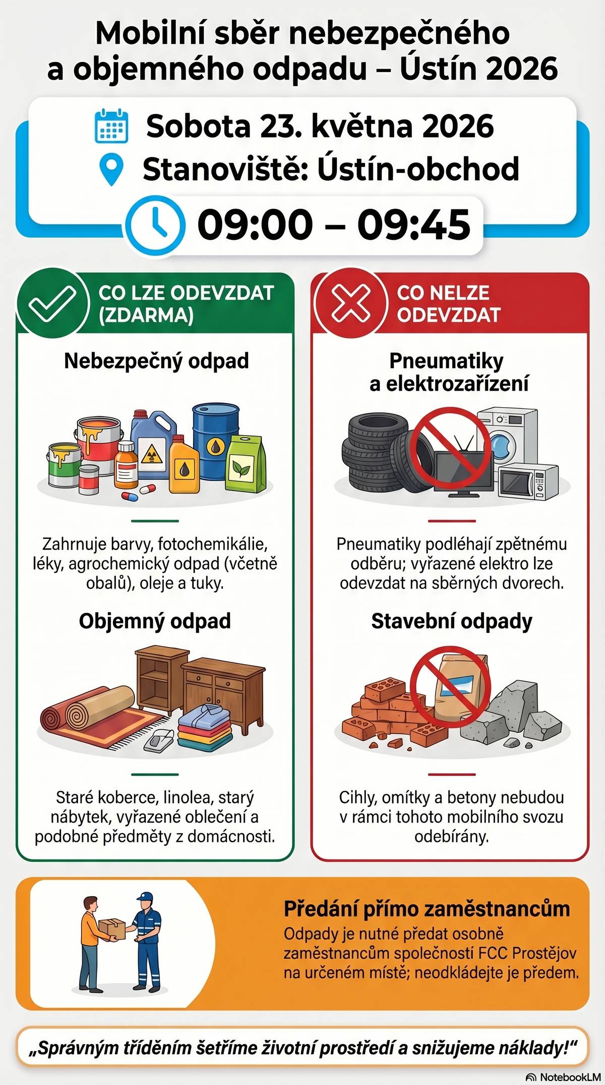 Chystáte se na jarní úklid? Využijte možnosti bezplatně se zbavit nebezpečného a objemného odpadu přímo v naší obci.   📅 Kdy: 23. května 2026 🕘 Čas: 09:00 – 09:45 📍 Místo: Ústín-obchod   ✅ Co můžete odevzdat zdarma:  Nebezpečný odpad: barvy, fotochemikálie, léky, oleje, tuky či agrochemický odpad včetně obalů. Objemný odpad: starý nábytek, koberce, linolea nebo vyřazené oblečení apod.  ❌ Co se NEBUDE odebírat:  Pneumatiky: nepřebírají se, podléhají zpětnému odběru. Vyřazené elektrozařízení: lze odevzdat celoročně zdarma na sběrných dvorech nebo místech zpětného odběru. Stavební odpady: cihly, omítky, betony.