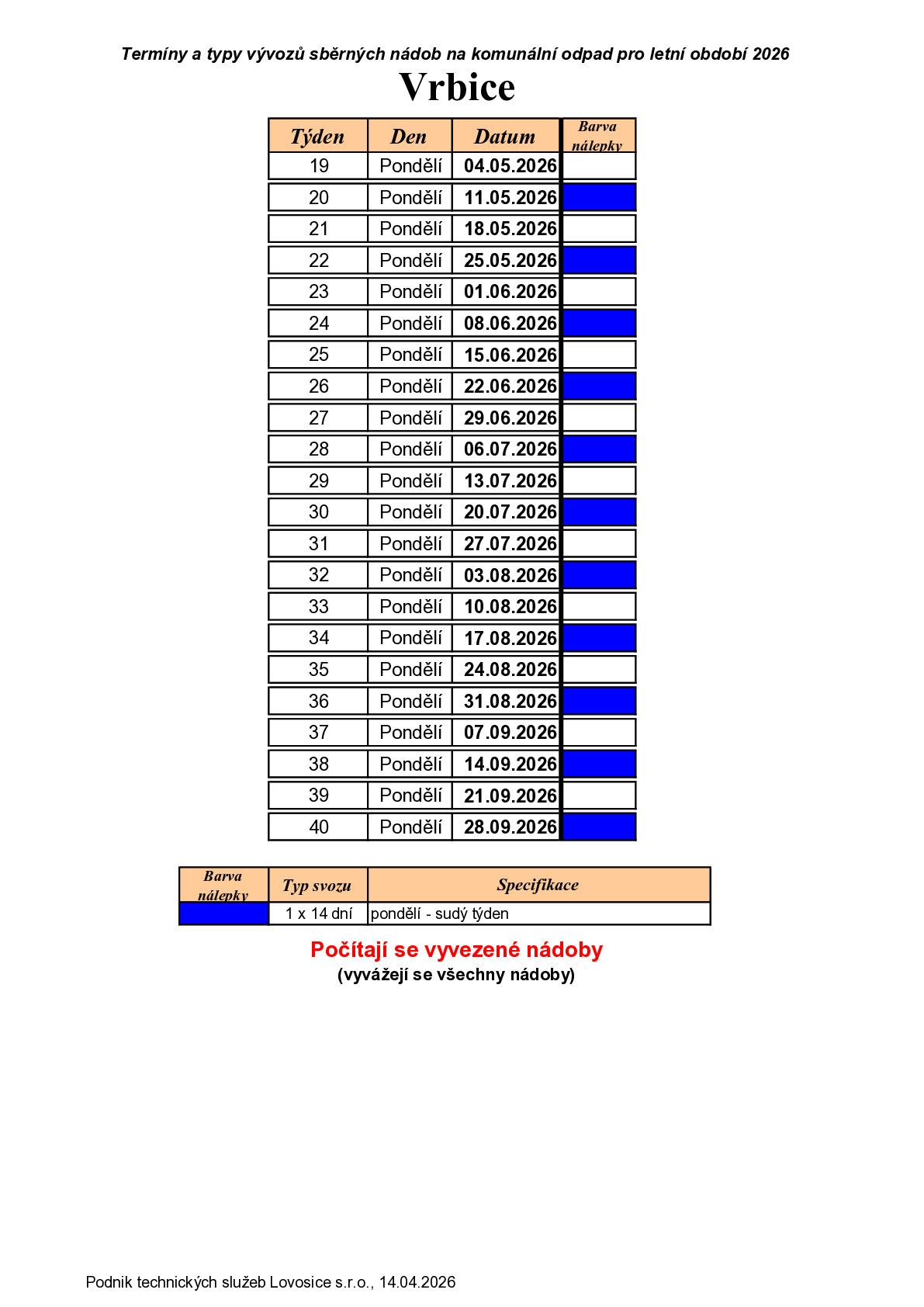 svozový kalendář léto 2026