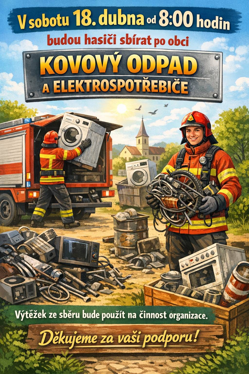 V sobotu 18. dubna od 8:00 hodin budou hasiči sbírat po obci kovový odpad a elektrospotřebiče. Výtěžek ze sběru bude použit na činnost organizace. Děkujeme za vaši podporu.