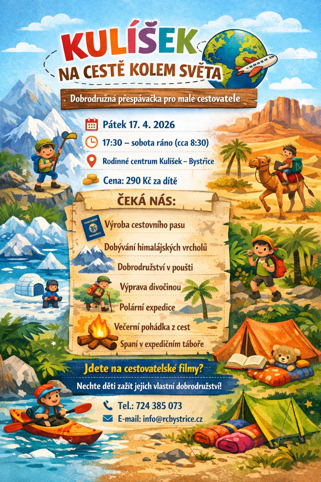 A ještě dodatek k pátečnímu filmovému festivalu: Nemáte hlídání? Z pátka na sobotu (17.-18. 4. 2026) je na stejném místě (KC Bystřice) přespávačka pro děti - "Dobrodružná přespávačka pro malé cestovatele". Více informací na přiloženém plakátu. Akci pořádá Rodinné centrum Kulíšek (https://www.msbystrice.cz/rodinne-centrum-kulisek/).