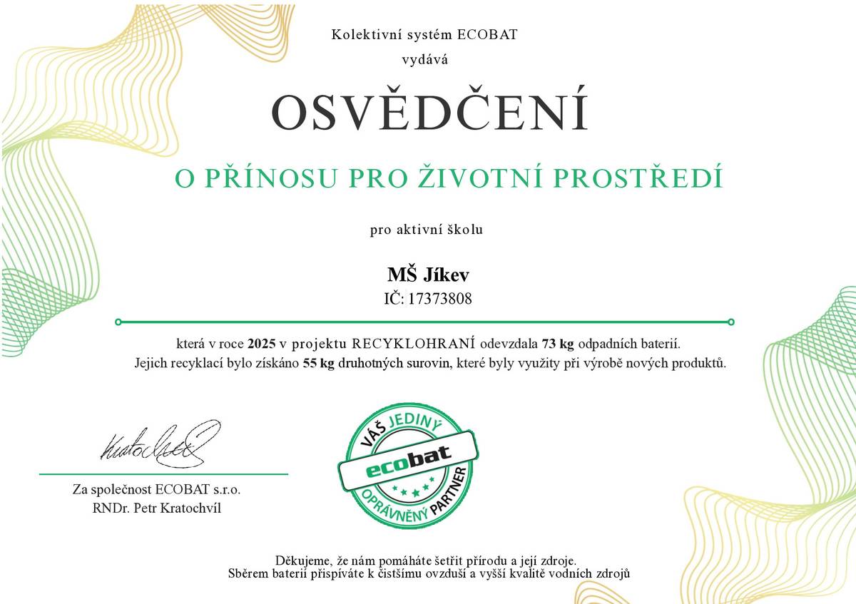 Děkujeme všem, kteří se připojili ke sběru použitých baterií v MŠ Jíkev.  Připomínáme, že sběrné nádoby jsou stále umístěny v Mateřské škole Jíkev a na Obecním úřadě Jíkev. Dětem z Mateřské školy Jíkev pomůžete sbírat body do Celoroční EKO hry s Recyklohraním a získat odměnu.
