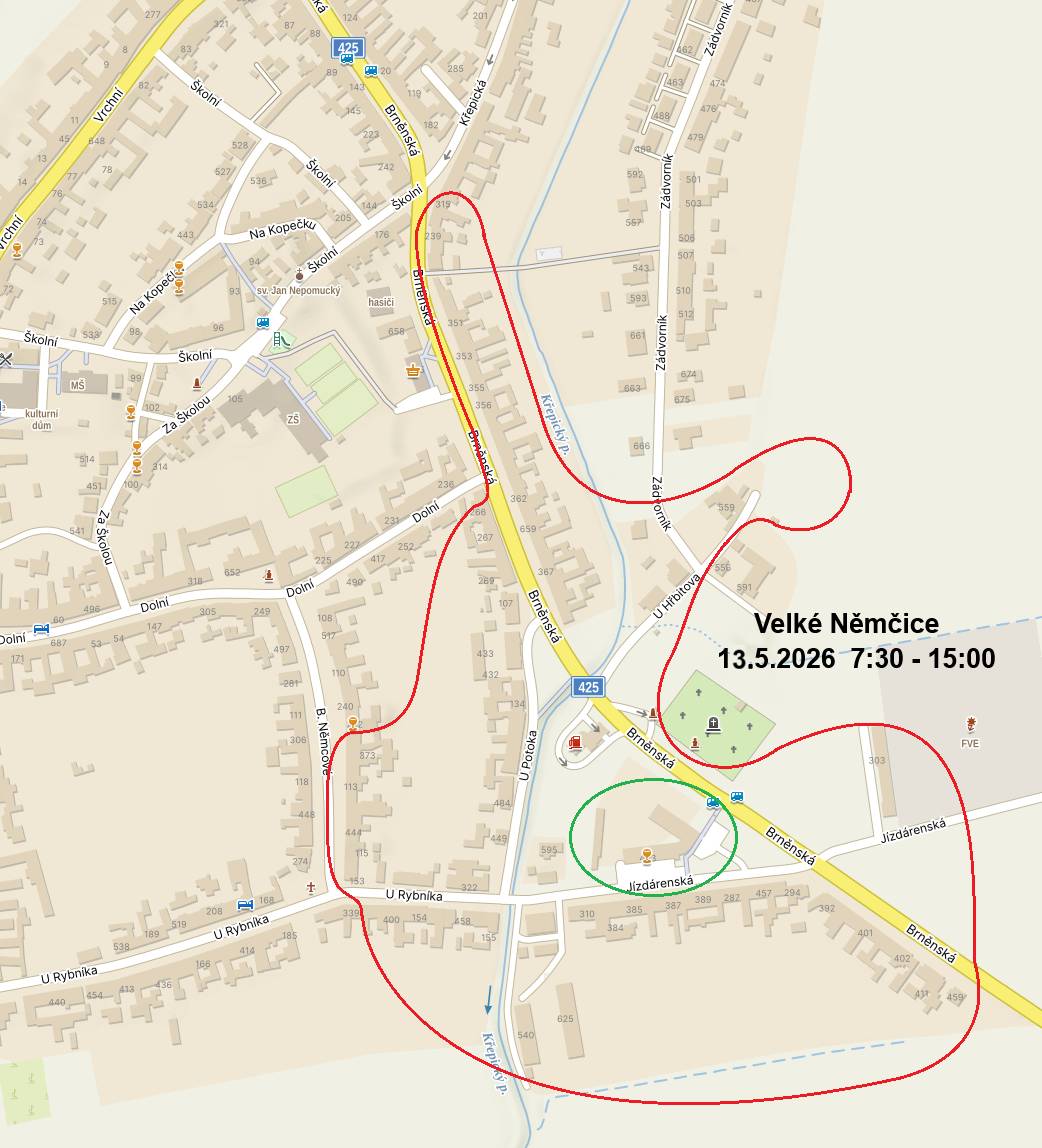 Oznámení o přerušení dodávky elektrické energie Z důvodu plánovaných prací na zařízení distribuční soustavy - rekonstrukcí, oprav, údržbových a revizních prací - bude přerušena dodávka elektrické energie: Odstávka číslo: 260159172 Dne 13.05.2026 od 07:30 do 13.05.2026 15:00 Vypnutá oblast:Velké Němčice - Brněnská od Hustopeč pravá strana po č.p. 315 levá strana po č.p. 266 mimo Zemos a hřbitov, - Jízdárenská od ul. U potoka po č.p. 303, - U Rybníka od Jízdárenské po č.p. 324 a 153, - B.Němcové pravá strana od ul. U Rybníka po č.p. 284, - U potoka - U Hřbitova severní strana ulice +nová výstavba za č.p. 591 a 559