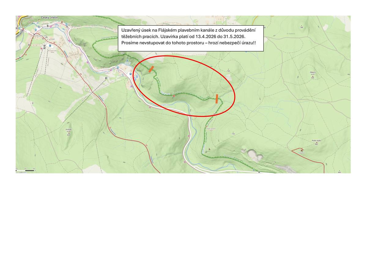 V období od 13. 4. do 31. 5. 2026 bude probíhat těžba a odvoz dřeva z lesa v oblasti Flájského plavebního kanálu. Předmětná uzavírka je znázorněna v přiložené turistické mapě.   V průběhu těžebních prací bude daný úsek zcela uzavřen pro veřejnost.