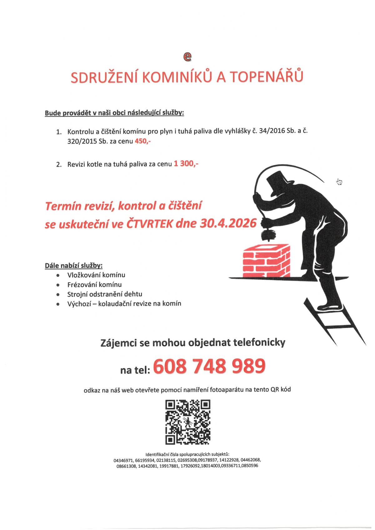 Kontrola, revize a čištění komínů ve čtvrtek 30.4.2026