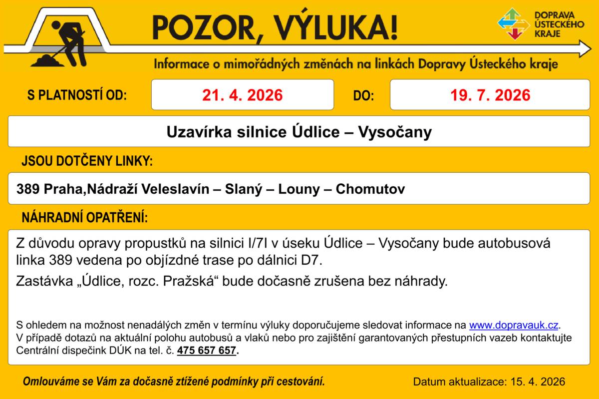 Vážení občané, upozorňujeme na výluku autobusové linky č. 389 Praha, Nádraží Veleslavín - Slaný - Louny - Chomutov s platností od 21.04.2026 do 19.07.2026. Z důvodu opravy propustků bude zastávka "Údlice, rozc. Pražská" dočasně zrušena bez náhrady. Děkujeme za pochopení.