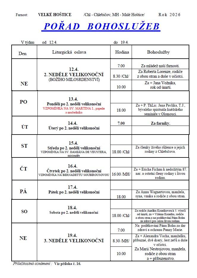 Pořad bohoslužeb pro farnost Velké Hoštice, Malé Hoštice a Chlebičov od 12. 4. do 19. 4. 2026