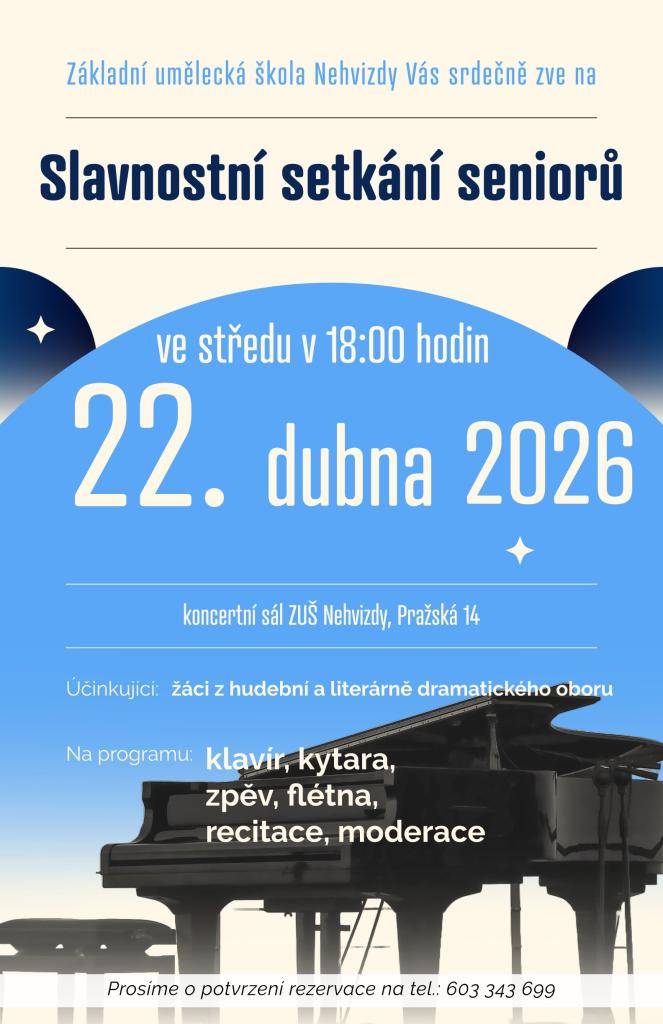 Přijměte naše pozvání na slavnostní setkání seniorů, které se zaměří na zpěv, vystoupení na flétnu a recitaci. Tato akce je určena pro všechny seniory, kteří se chtějí potkat a užít si příjemné odpoledne.