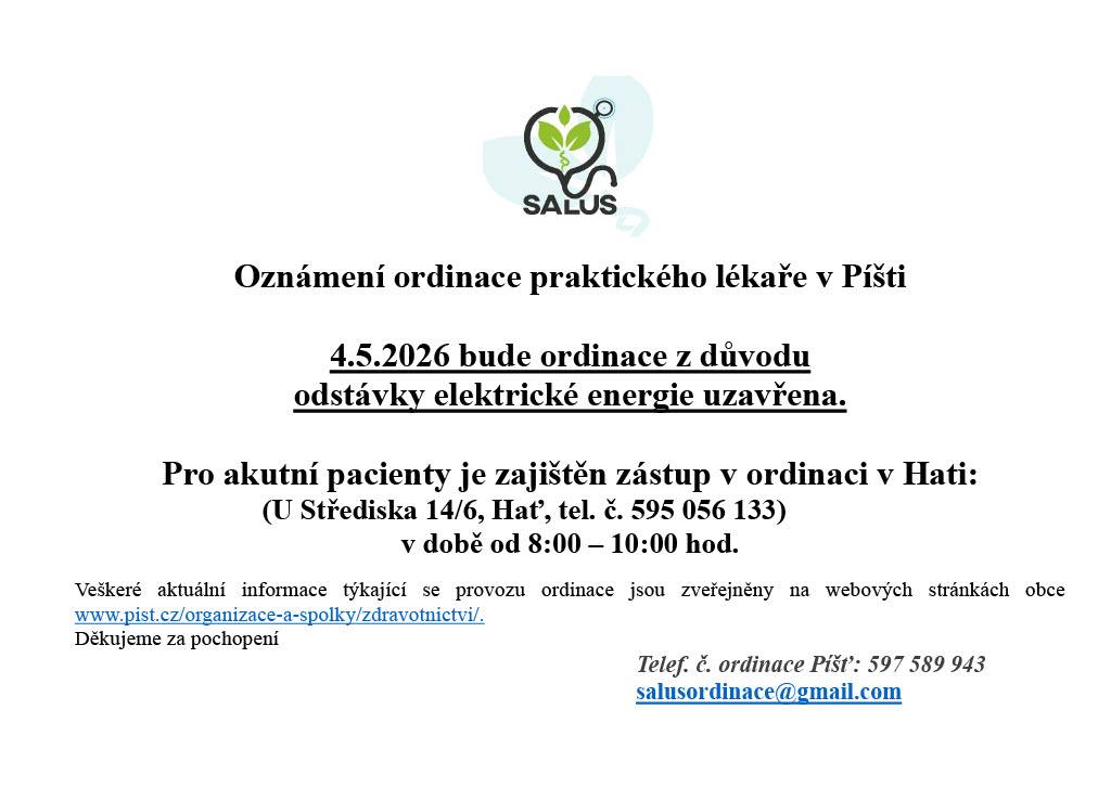 Ordinace praktického lékaře dne 4.5.2026 z důvodu odstávky elektřiny uzavřena