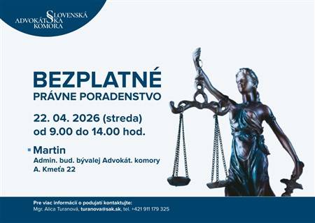Mesto Martin sa po prvý raz zapája do celoslovenského projektu Deň advokácie, ktorý prinesie bezplatné právne poradenstvo pre verejnosť. Obyvatelia budú môcť využiť pomoc advokátov v stredu 22. apríla 2026 symbolicky priamo v priestoroch bývalej Advokátskej komory.