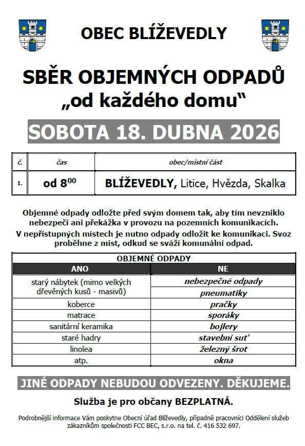 Dne 18.4.2026 proběhne sběr objemných odpadů "od každého domu"
