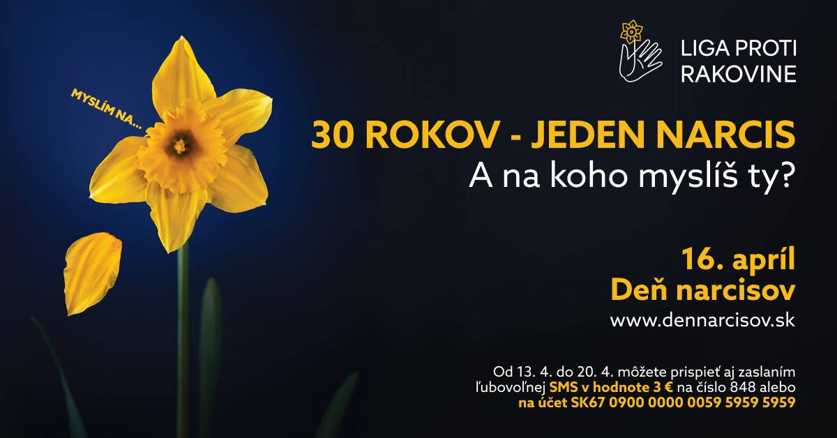 A na koho myslíš ty?   Všetci môžeme pomôcť vo štvrtok 16. apríla na Deň narcisov v stánku pri predajni COOP Jednota v Župkove alebo od 13.4. do 20.4. zaslaním SMS v hodnote 3 € na číslo 848 alebo na účet SK67 0900 0000 0059 5959 5959   Viac informácií nájdete na www.dennarcisov.sk