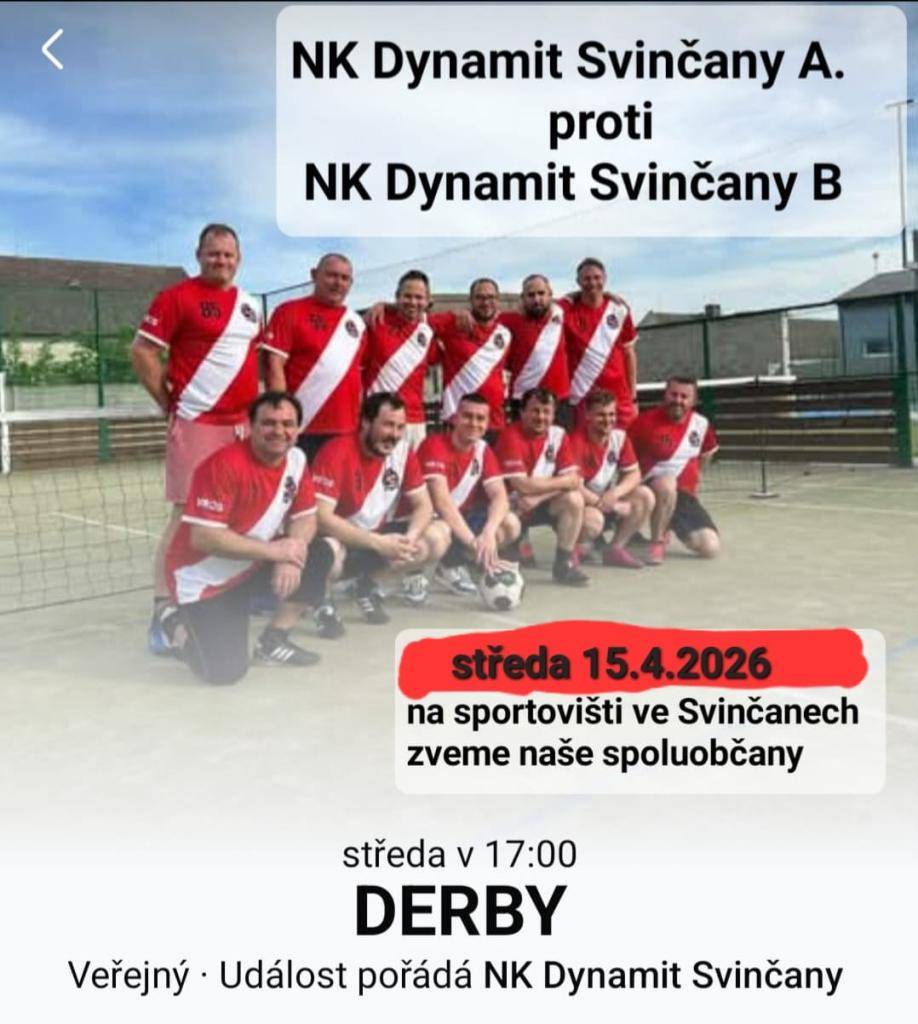 Ve středu 15. dubna 2026 od 17:00 se na sportovišti ve Svinčanech uskuteční nohejbalové derby mezi týmy NK Dynamit Svinčany A a NK Dynamit Svinčany B.