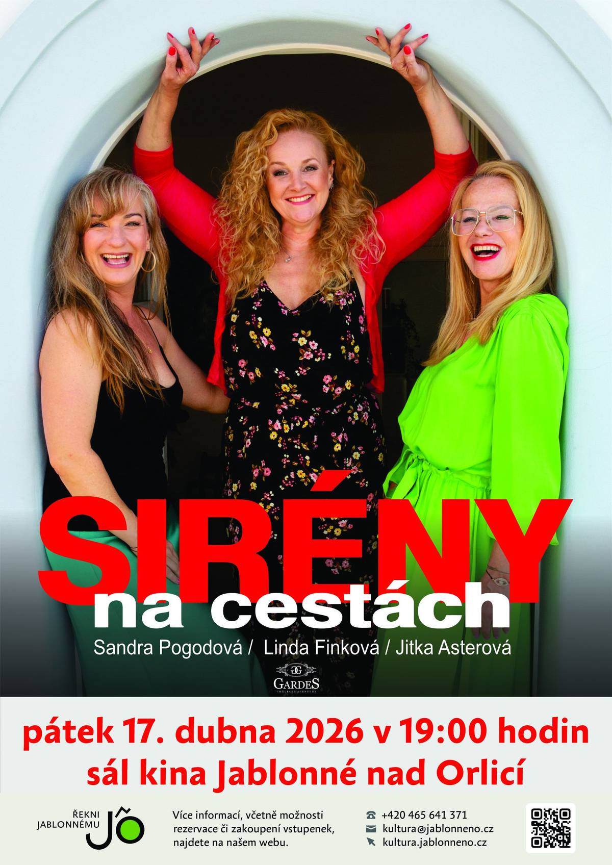 SIRÉNY NA CESTÁCH míří do Jablonného nad Orlicí! Už tento pátek vás zveme na jedinečnou zábavnou talk show trojice skvělých hereček a zpěvaček – Sandry Pogodové, Jitky Asterové a Lindy Finkové. 📅 Kdy: pátek 17. dubna 2026 v 19:00 📍 Kde: kinosál v Jablonném nad Orlicí Těšit se můžete na večer plný humoru, nadhledu a skvělé energie. Čekají vás: ✨ šťavnaté historky ze zákulisí natáčení i divadelního světa ✨ neotřelý humor a vzájemné popichování, které vás zaručeně pobaví ✨ šansony a písně z muzikálů v podání charismatických interpretek 💬 Po skončení pořadu proběhne autogramiáda, takže si můžete odnést i osobní vzpomínku. Přijďte si užít večer, na který budete ještě dlouho vzpomínat s úsměvem! Těšíme se na vás!
