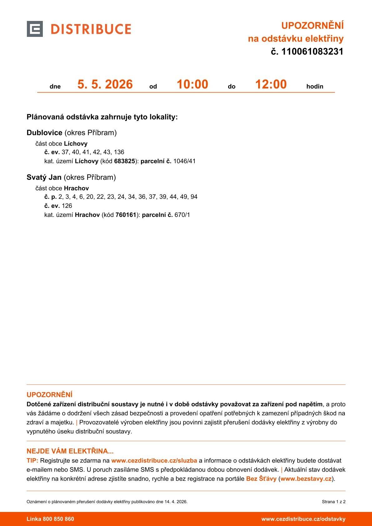 Odstávka elektřiny Hrachov 5.5.2026