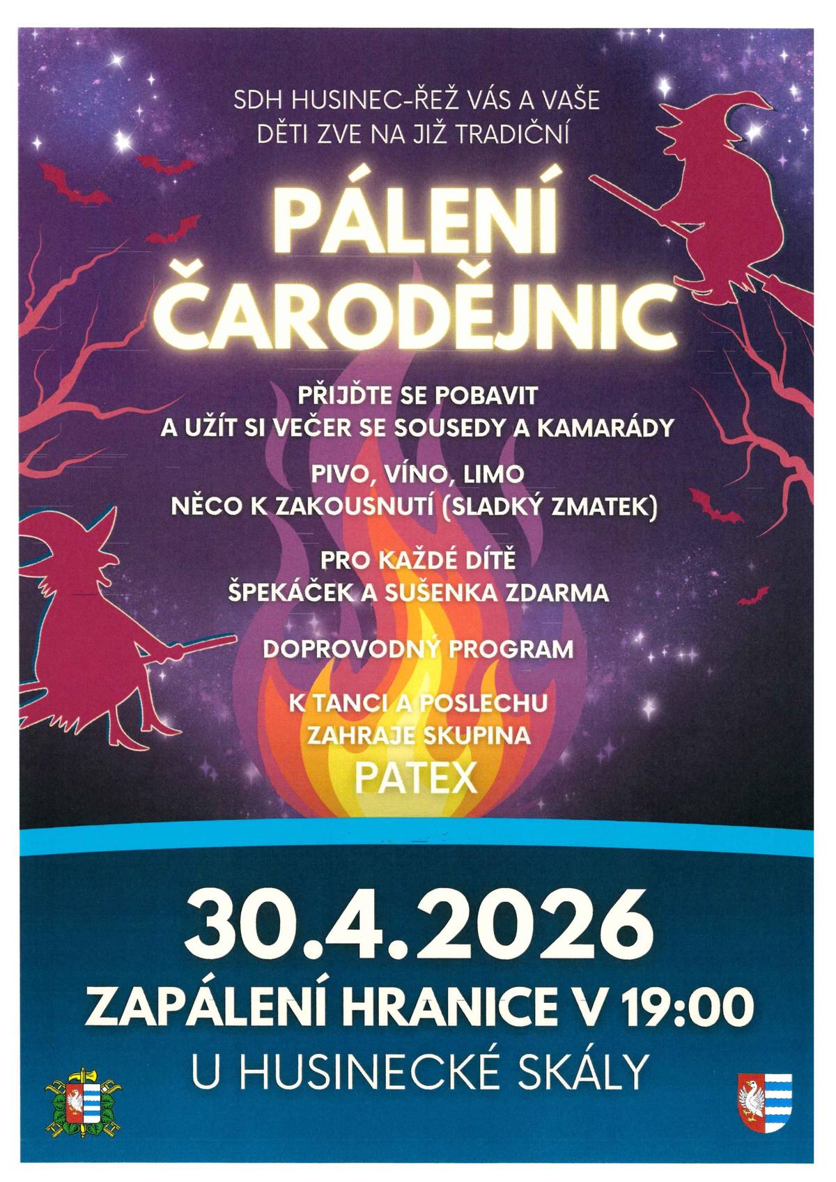 Zveme vás na již tradiční akci "PÁLENÍ ČARODĚJNIC", která proběhne dne 30.4.2026 od 19:00 u Husinecké skály. tým OÚ