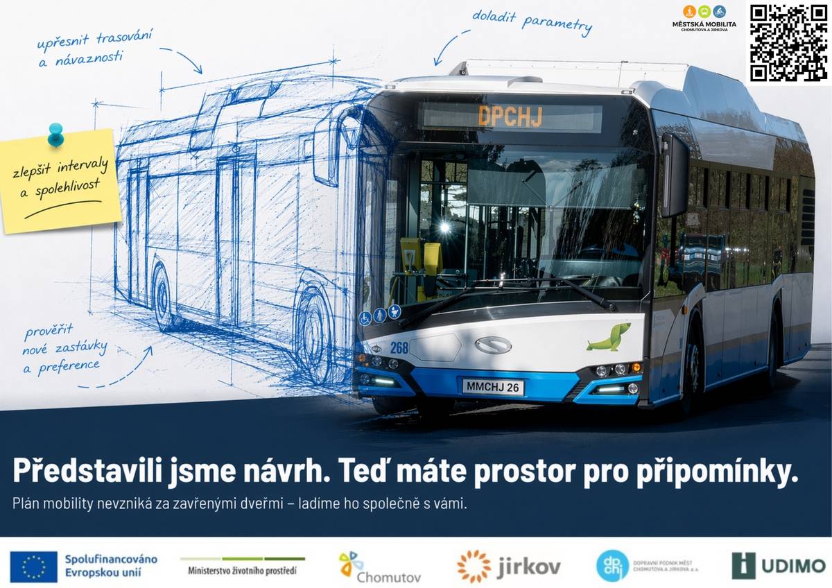 Teď máte možnost ovlivnit, jak bude doprava v Chomutově a Jirkově vypadat v příštích letech. Zveřejnili jsme návrhovou část Plánu mobility a čekáme na vaše připomínky.  Jdou navržená opatření správným směrem? Chybí podle Vás v návrhu něco důležitého ? Šlo by to jinak?   Seznamte se s návrhem a dejte nám vědět do 26. 4. 2026, zda odpovídá realitě každodenního provozu.  👉 Městská mobilita Chomutova a Jirkova