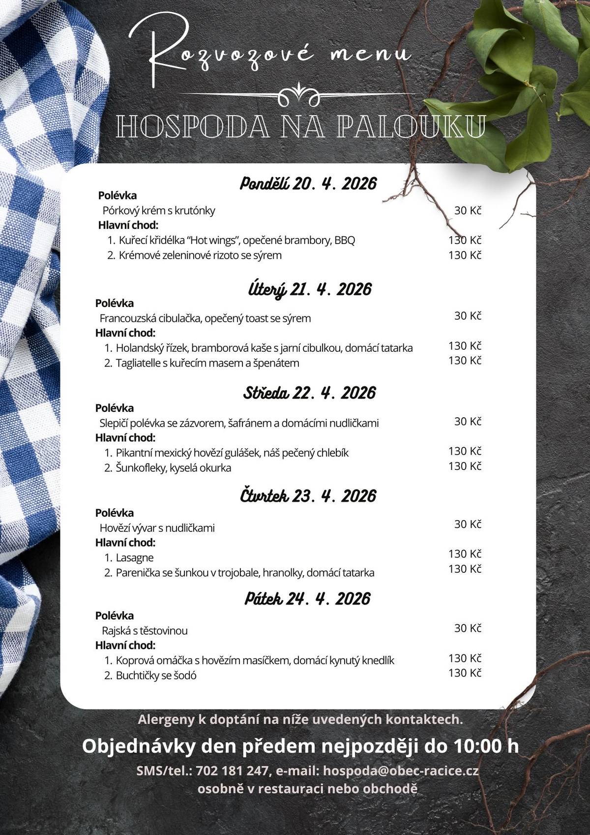 Rozvozové menu hospody Na Palouku: