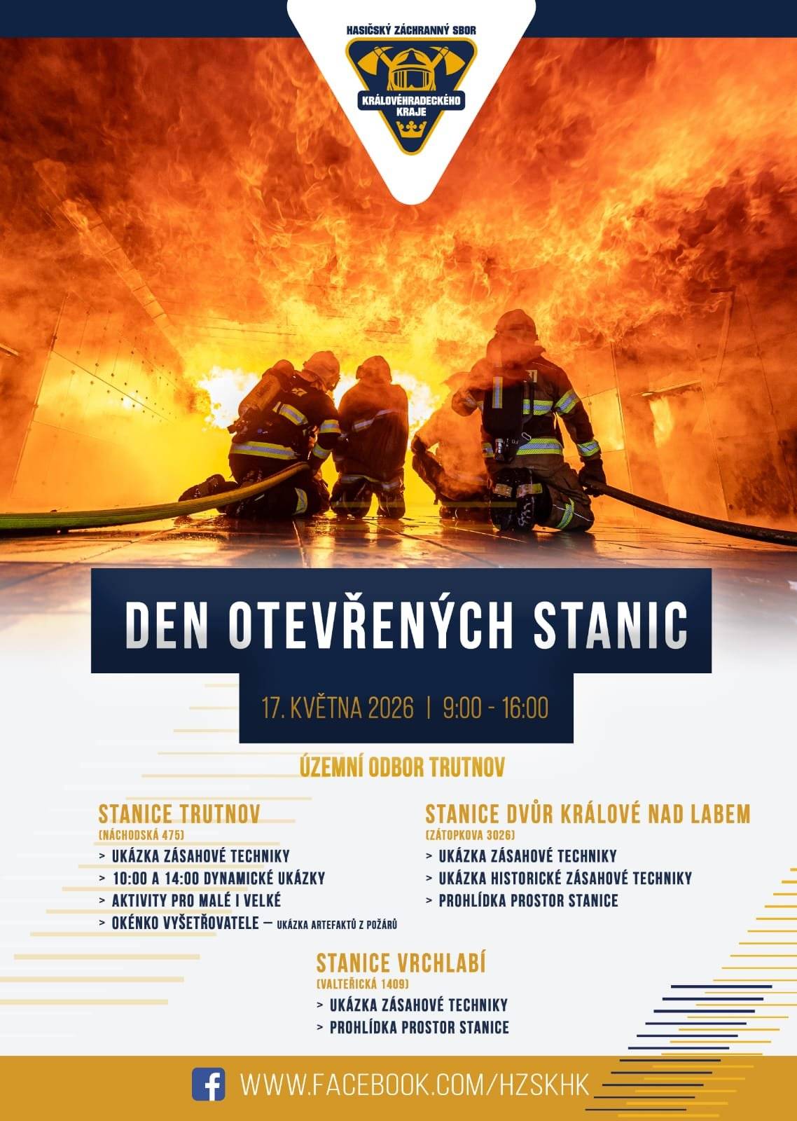 Tradiční květnová akce profesionálních hasičů v Královéhradeckém kraji. Otevíráme vrata našich stanic a zveme Vás na návštěvu! 17. května 9-16 hod. www.hzskhk.cz.