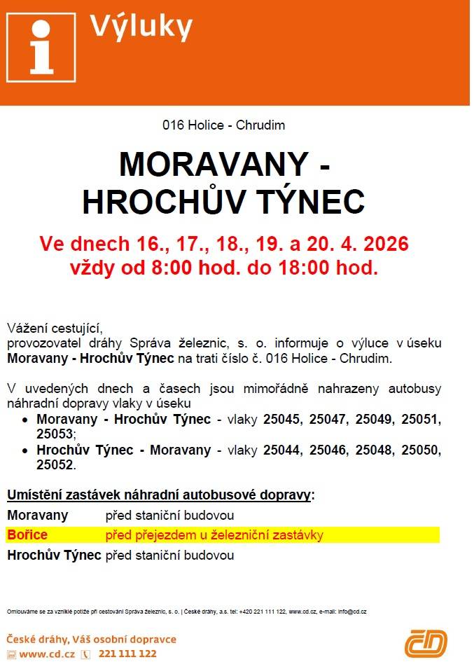 Ve dnech 16., 17., 18., 19. a 20. 4. 2026  vždy od 8:00 hod. do 18:00 hod.