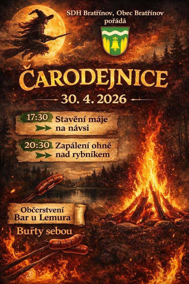 Srdečně Vás zveme na tradiční akci pálení čarodějnic, která proběhne v 20:30 na kopci nad rybníkem. Této akci bude předcházet stavění máje na návsi.  O občerstvení se postará Bar u Lemura, nezapomeňte si vzít buřty!